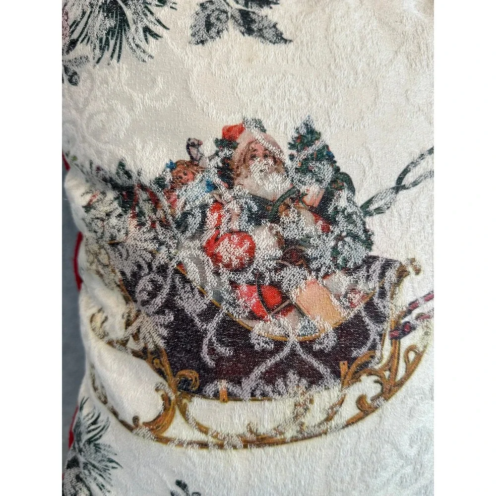 Christmas Olde World Santa Sleigh Reindeer Throw Pillow Red Trim Cream ‎ 17 x 17